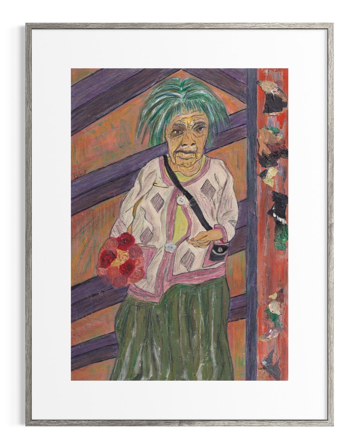 Framed artwork of a person with green hair and a patterned sweater holding flowers.