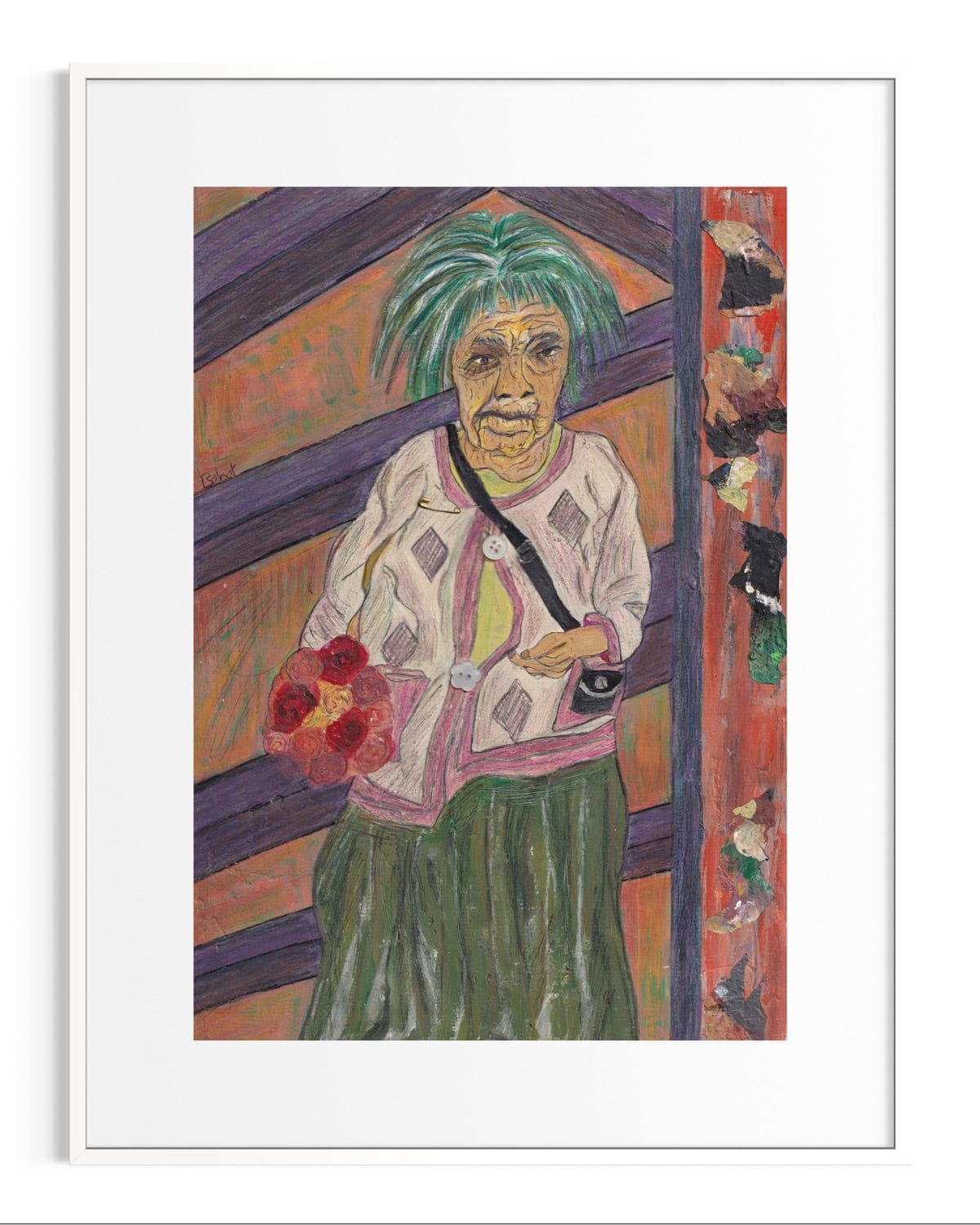 Framed artwork of a person with green hair and a patterned shirt holding flowers.