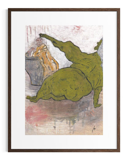 Framed artwork of a green figure and a person at a table on a textured background