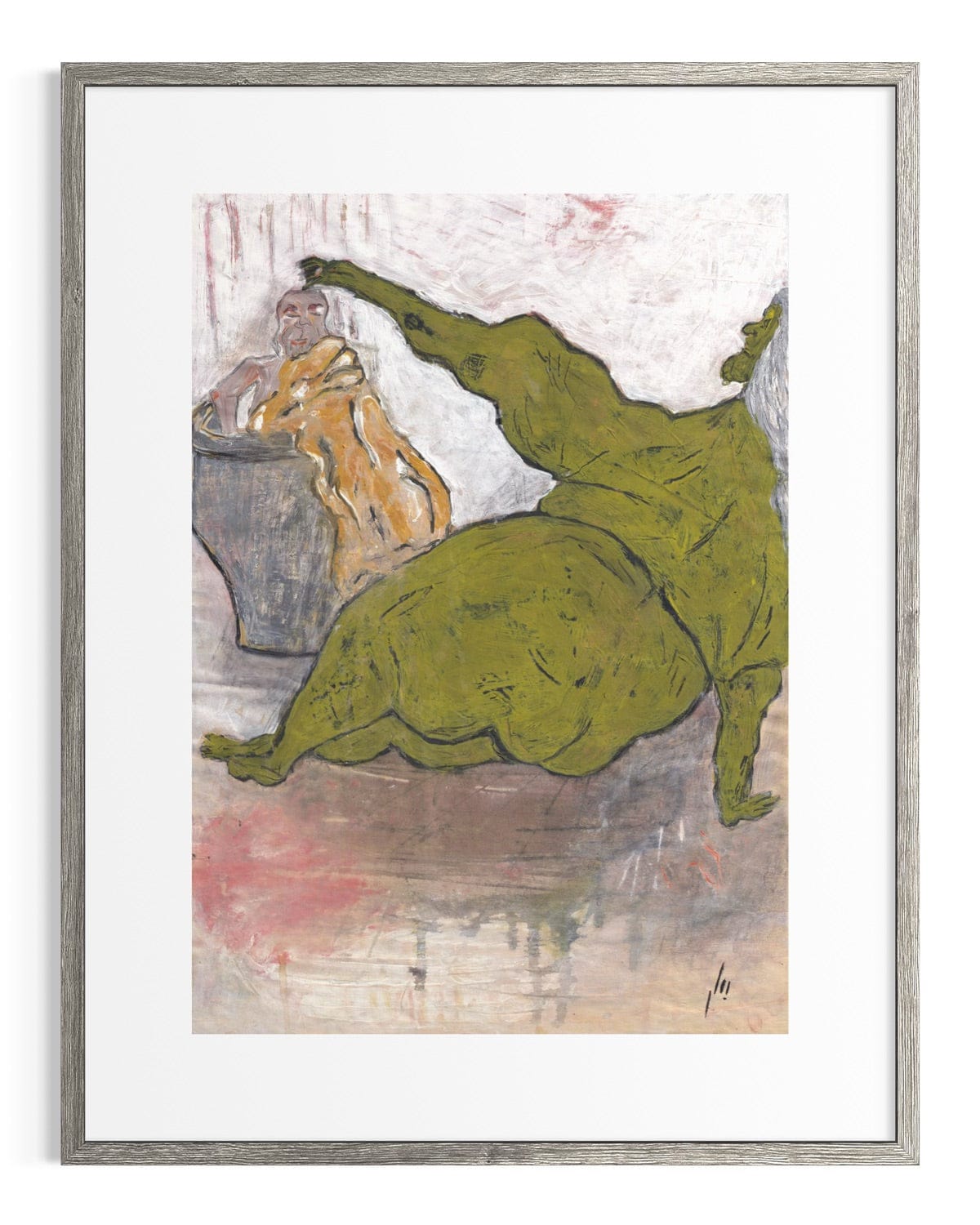 Framed artwork of a green figure and a person in an orange garment against a textured wall.