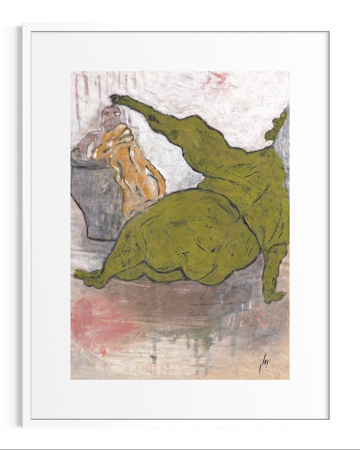 Artistic depiction of a figure in a green outfit with another figure in the background, framed.