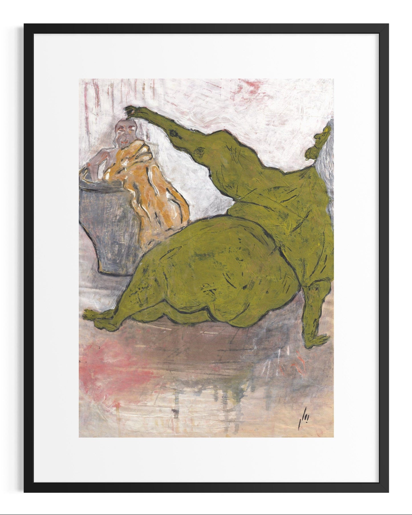 Framed artwork of a stylized figure in green with abstract elements on a white background