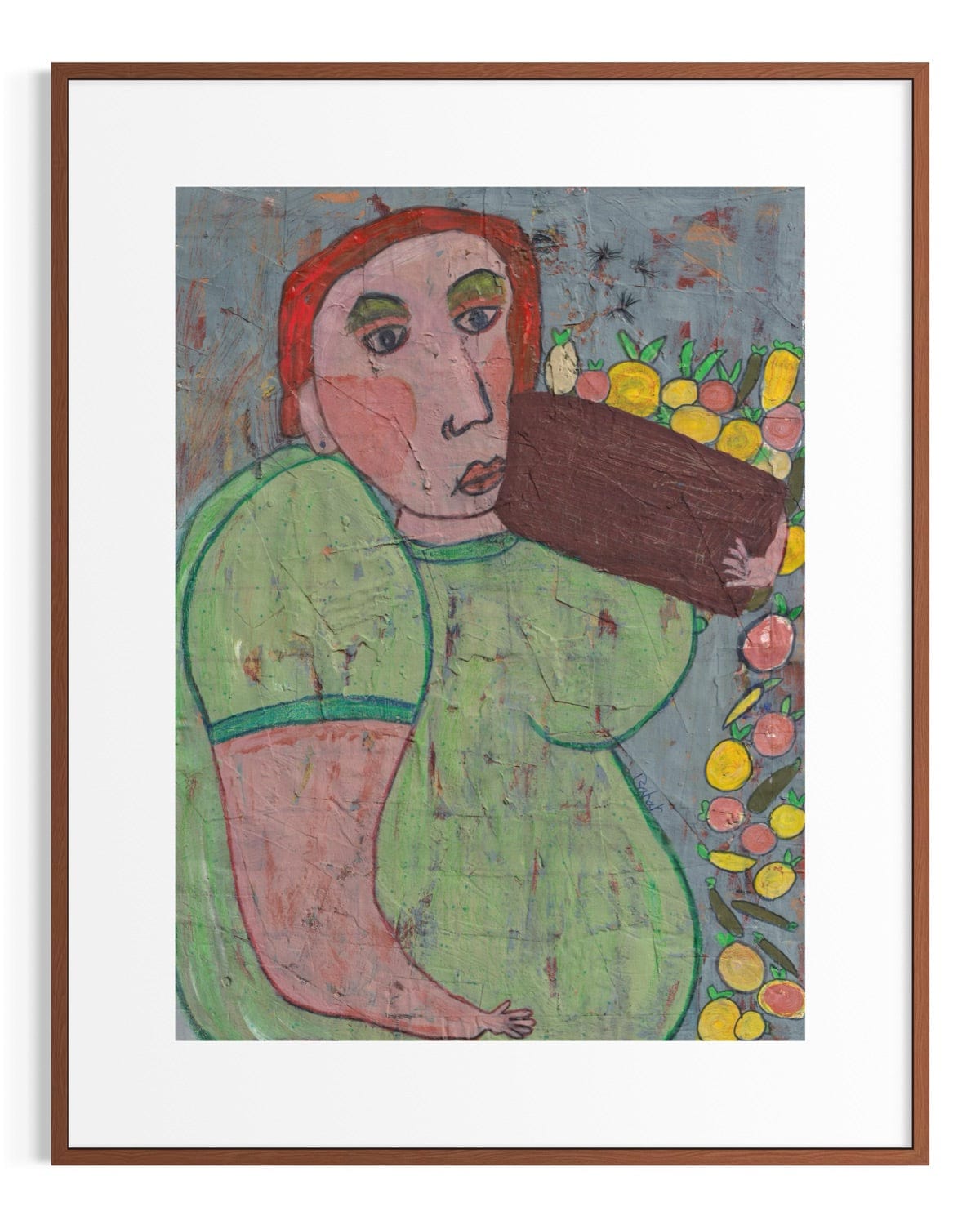 Framed artwork of a person holding a basket with fruits against a colorful background