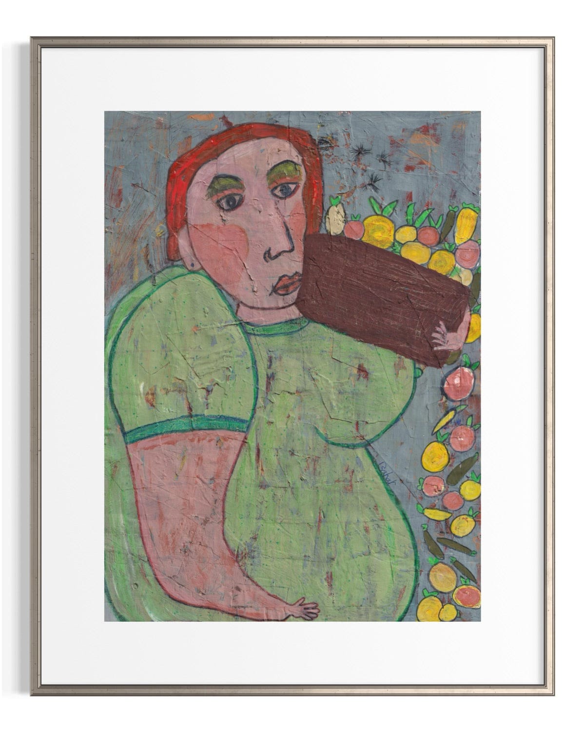 Framed artwork of a person holding a basket with fruits and flowers.