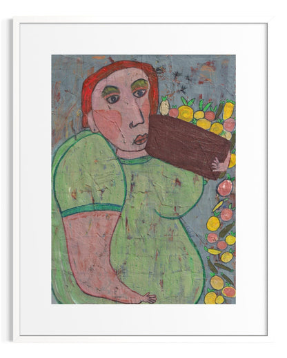 Framed artwork of a person holding a basket with fruits and flowers.