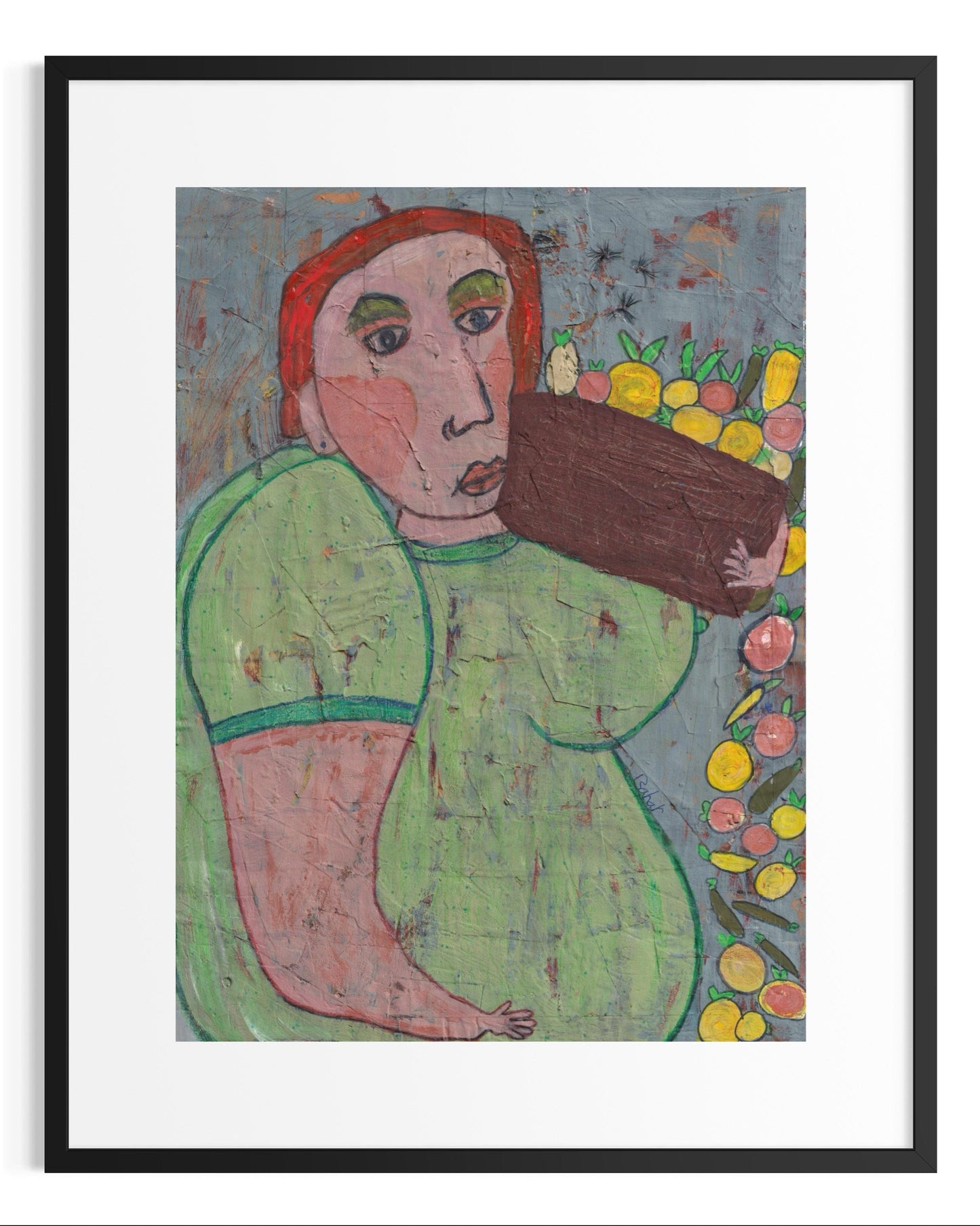 Framed artwork of a person holding a basket of fruit with a colorful background.