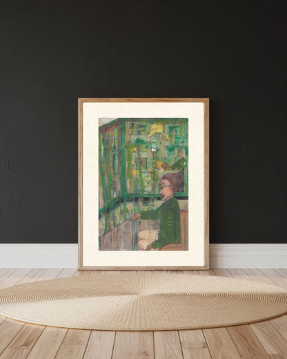 Contemporary wall decor print showing layered textures and symbolic expression in a green female figure