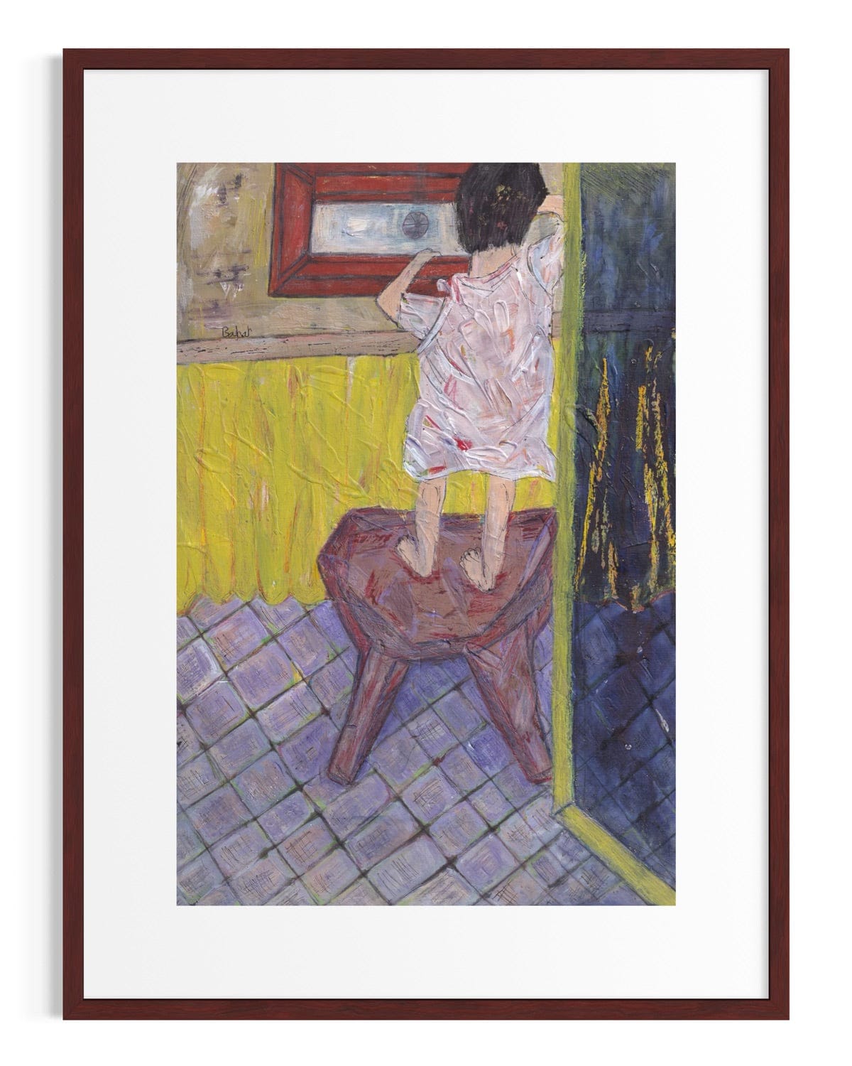 Framed artwork of a person sitting on a stool in a room with a yellow wall and tiled floor.