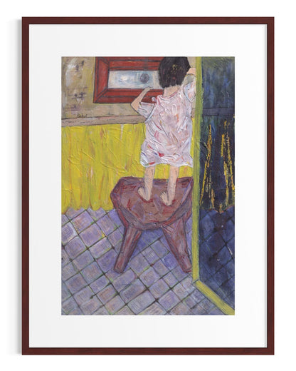 Framed artwork of a person sitting on a stool in a room with a yellow wall and tiled floor.