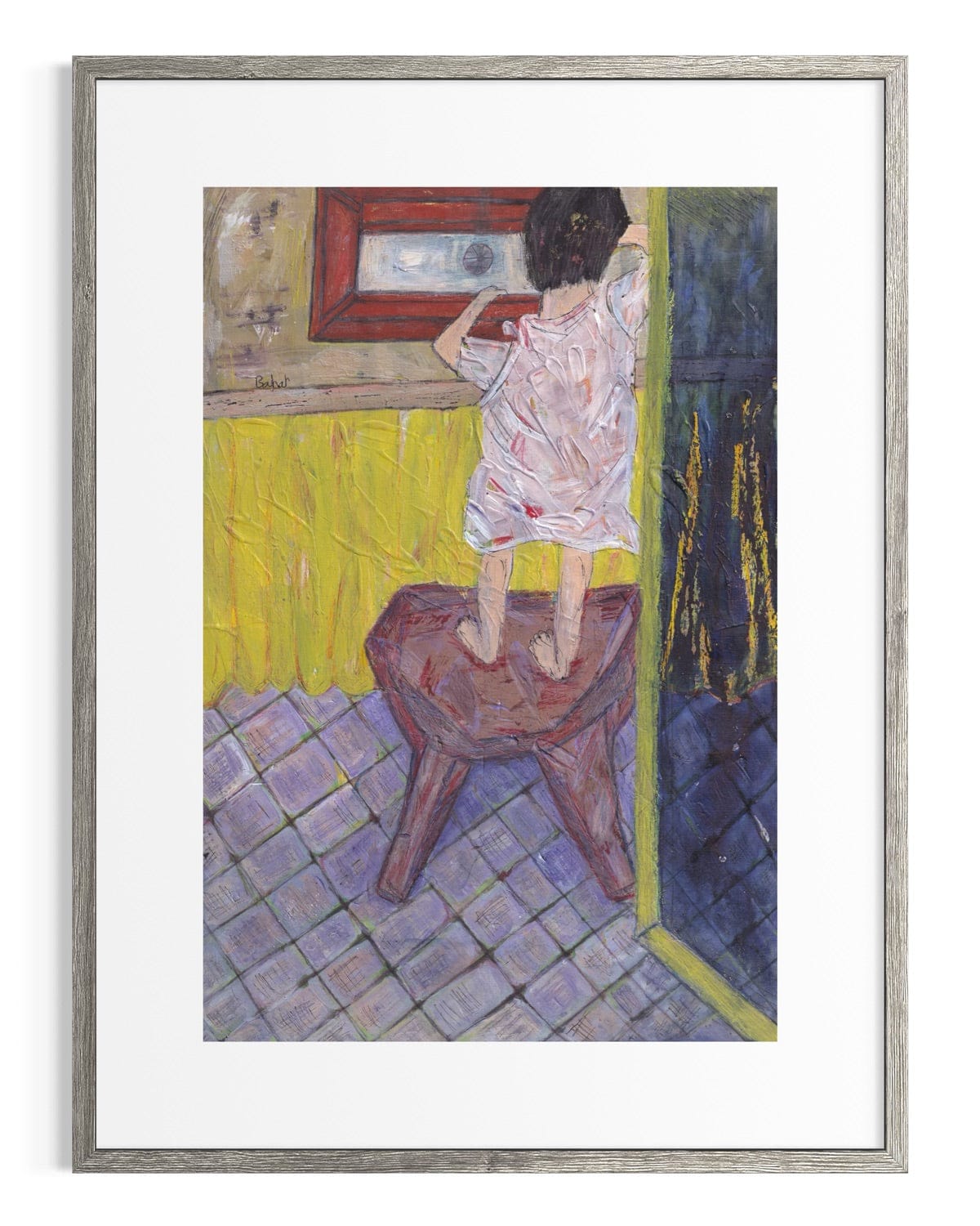 Framed artwork of a woman standing on a stool in a room with a yellow wall and tiled floor.