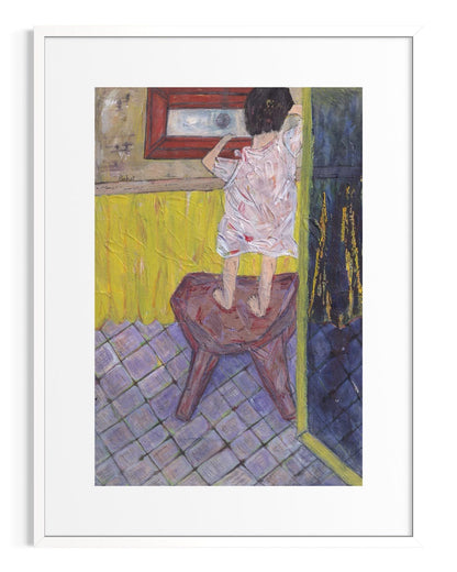Framed artwork of a woman standing on a stool in a room with a yellow wall and tiled floor.