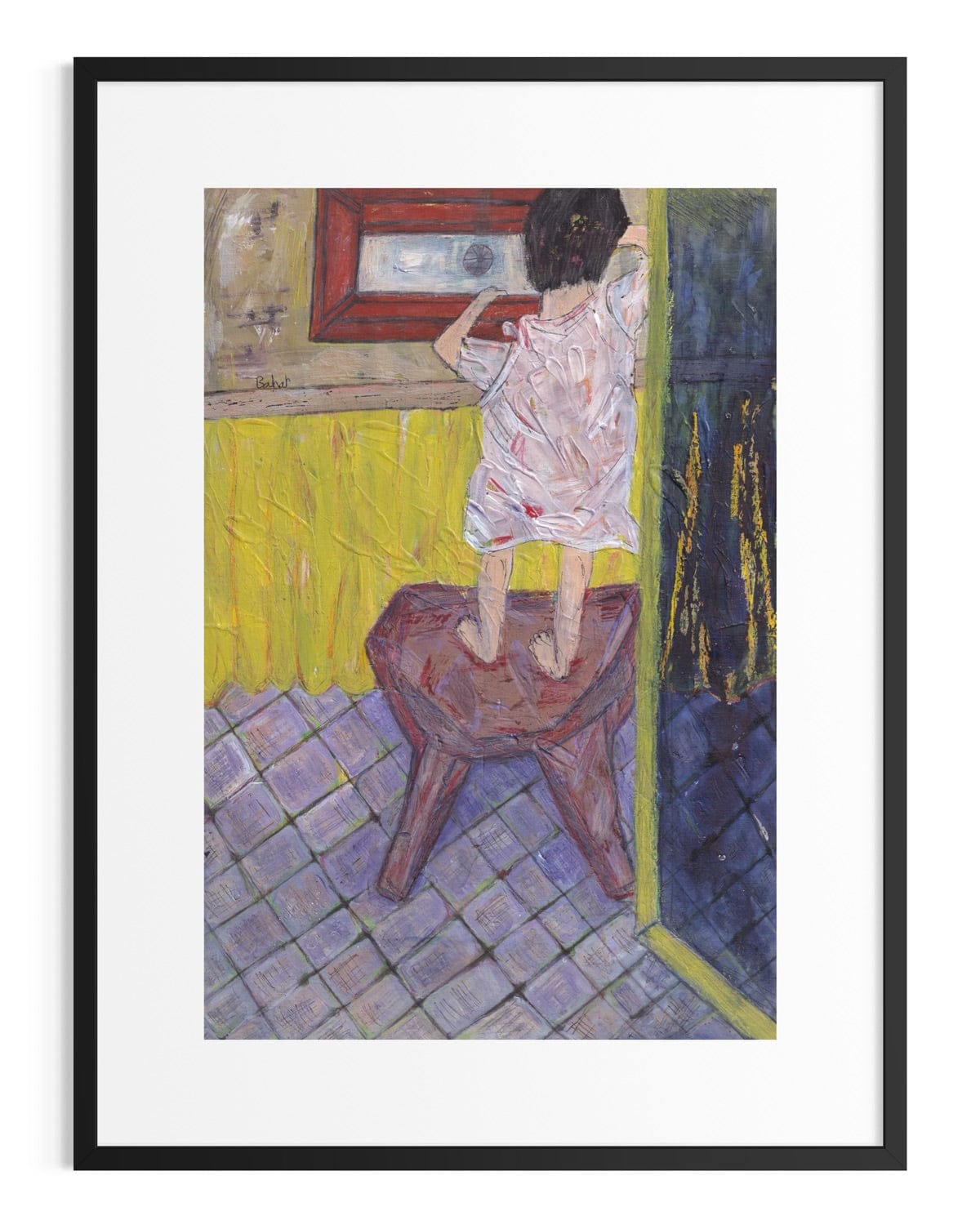 Framed artwork of a woman standing in a room with a mirror.