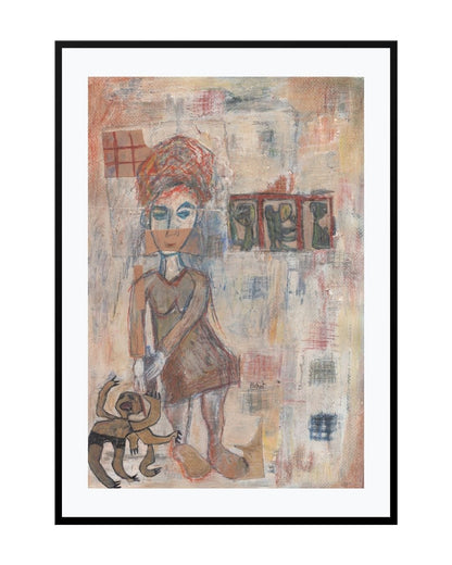 Mixed media portrait titled "Lost Child," showing an emotionally distant child with a blank stare and textured background