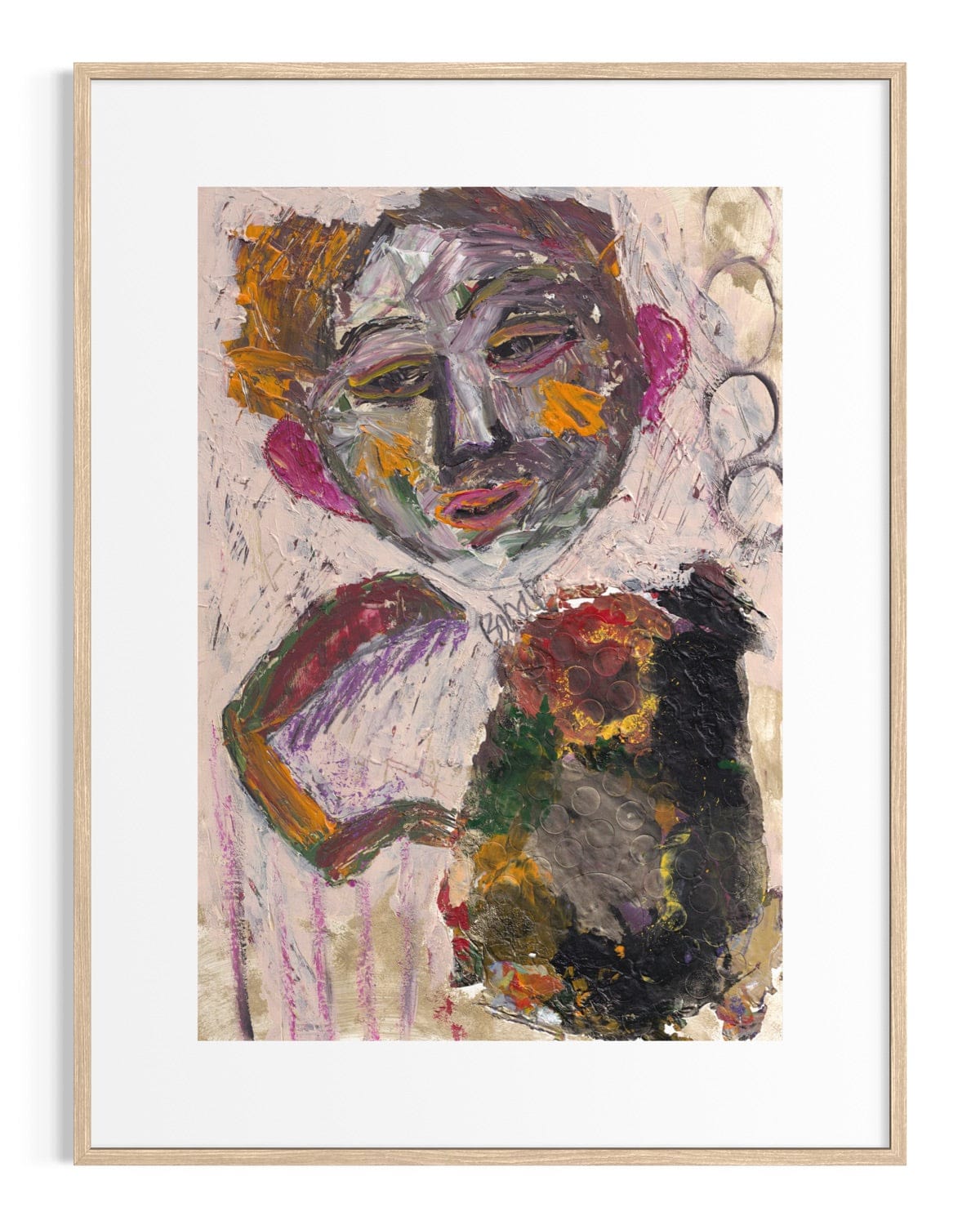 Abstract artwork with a face and floral elements in a wooden frame.