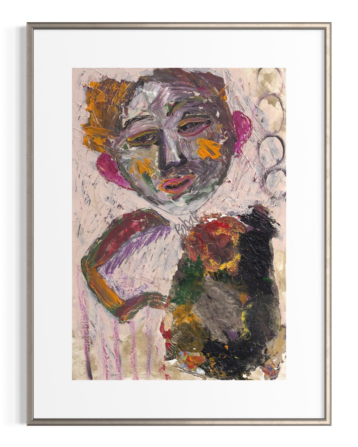 Abstract artwork with a face and floral elements in a frame on a white background