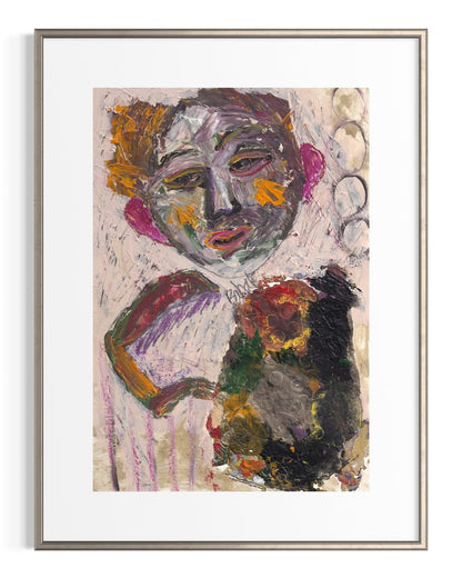 Abstract artwork with a face and floral elements in a frame on a white background