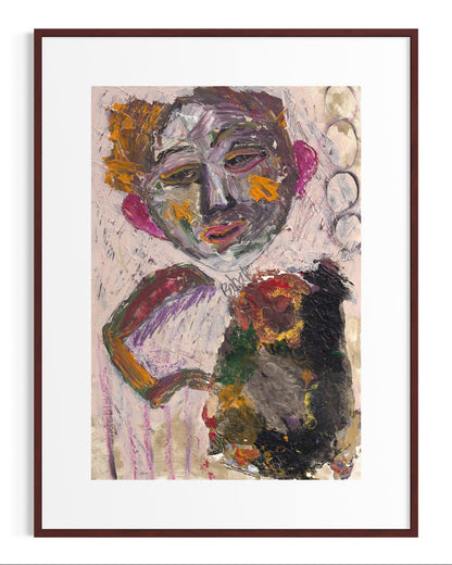 Abstract artwork with a face and floral elements in a brown frame.