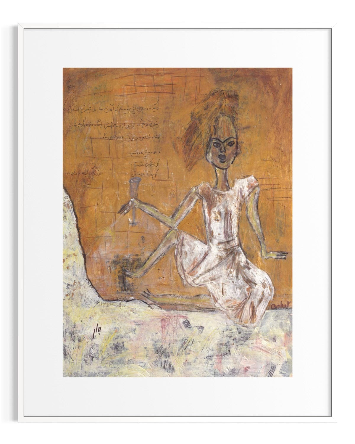 Artistic depiction of a figure in a white dress sitting on a chair against an orange background.