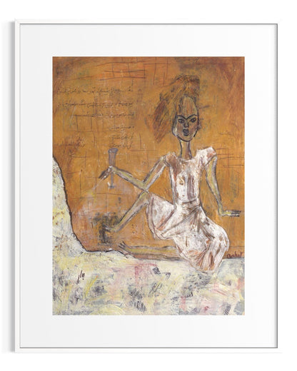 Artistic depiction of a figure in a white dress sitting on a chair against an orange background.