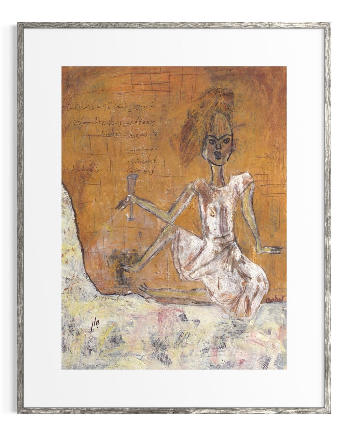 Framed artwork of a stylized figure on a textured background