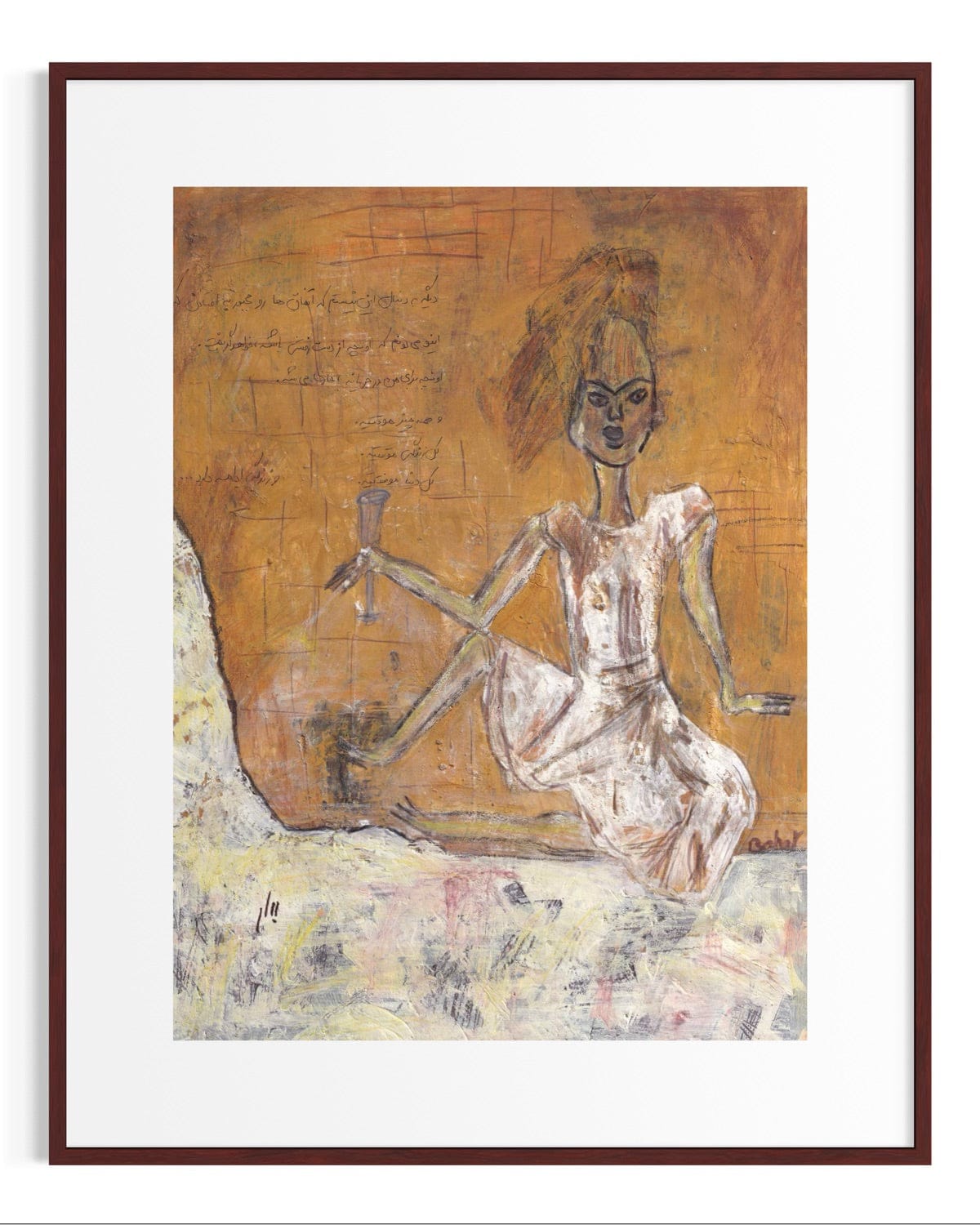 Framed artwork of a stylized figure with a textured background