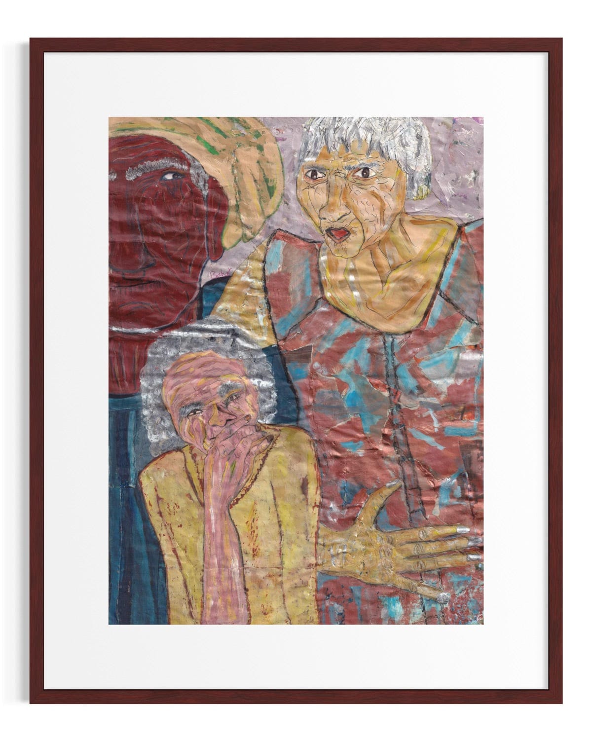 Framed artwork of three figures with a colorful abstract style.