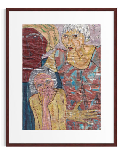 Framed artwork of three figures with a colorful abstract style.