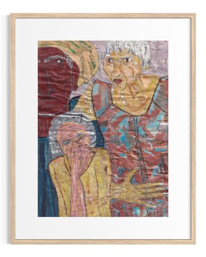 Framed artwork of three stylized figures with a wooden frame.