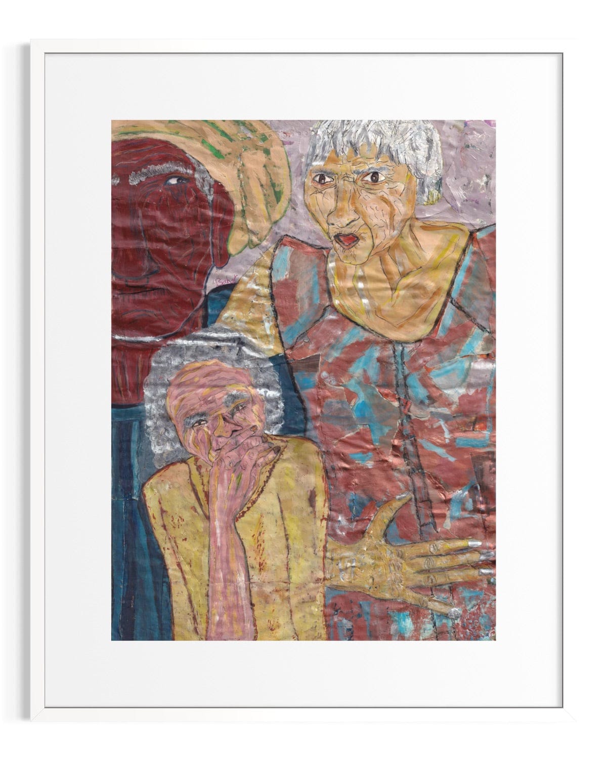 Artistic depiction of three figures with a white border