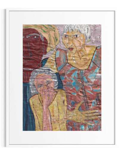 Artistic depiction of three figures with a white border