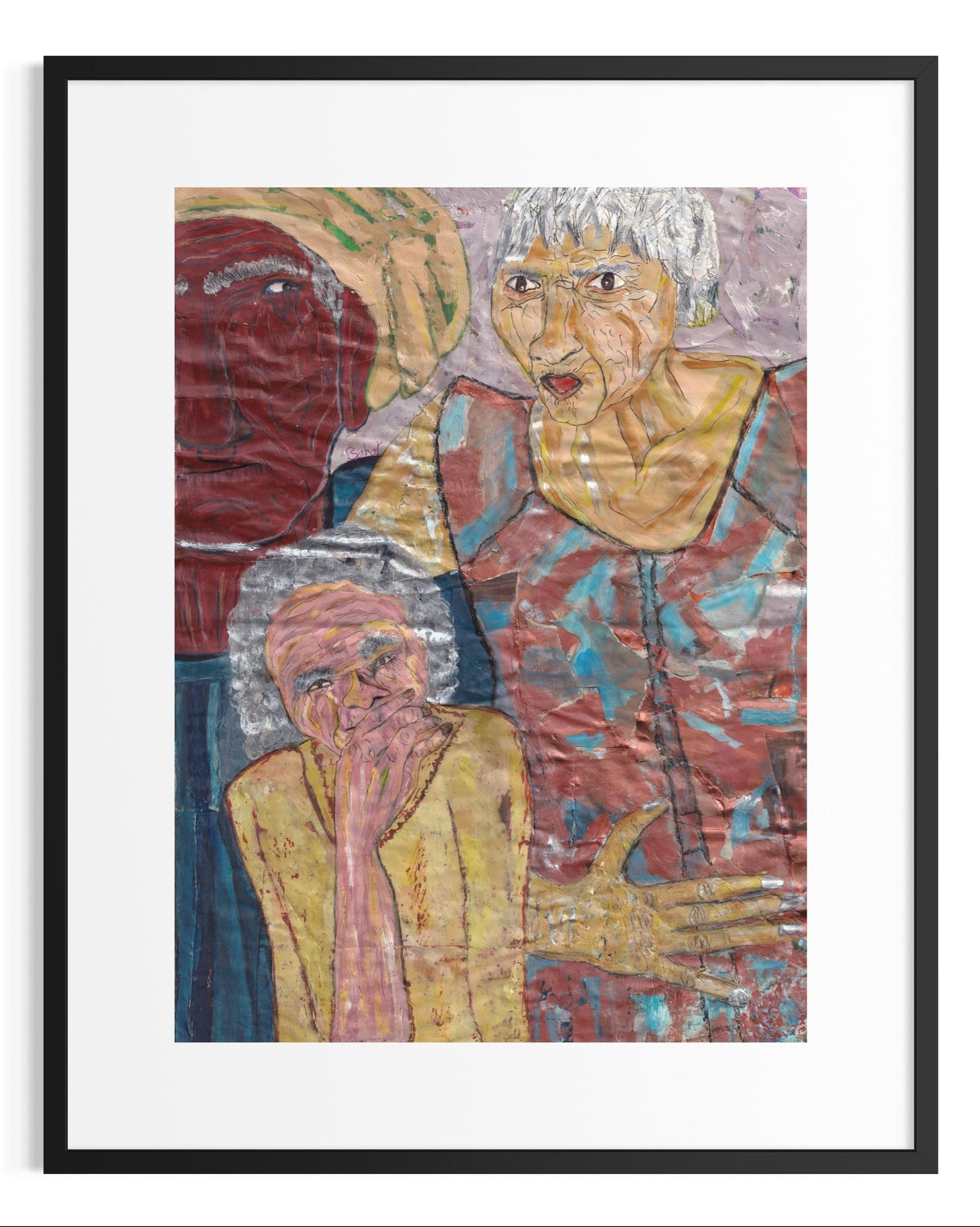 Framed artwork of two elderly individuals with a colorful abstract style.