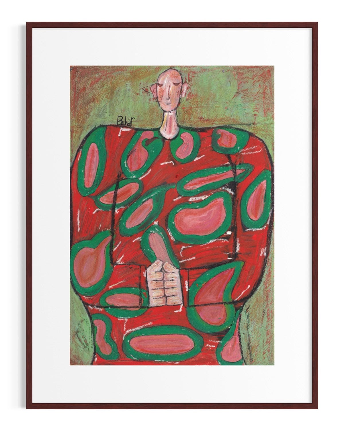 Abstract artwork of a figure with red and green patterns in a brown frame.