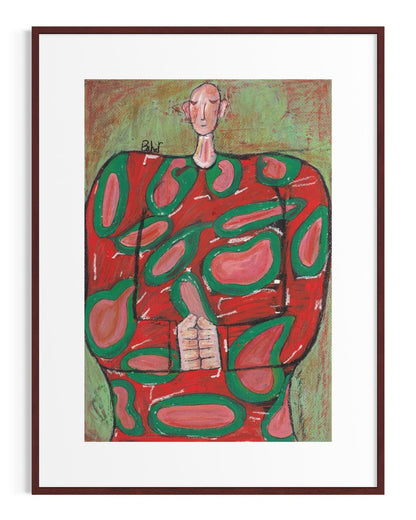 Abstract artwork of a figure with red and green patterns in a brown frame.