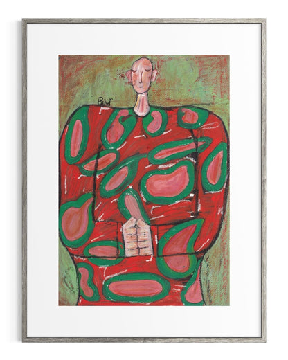 Framed abstract artwork with a colorful figure on a white background