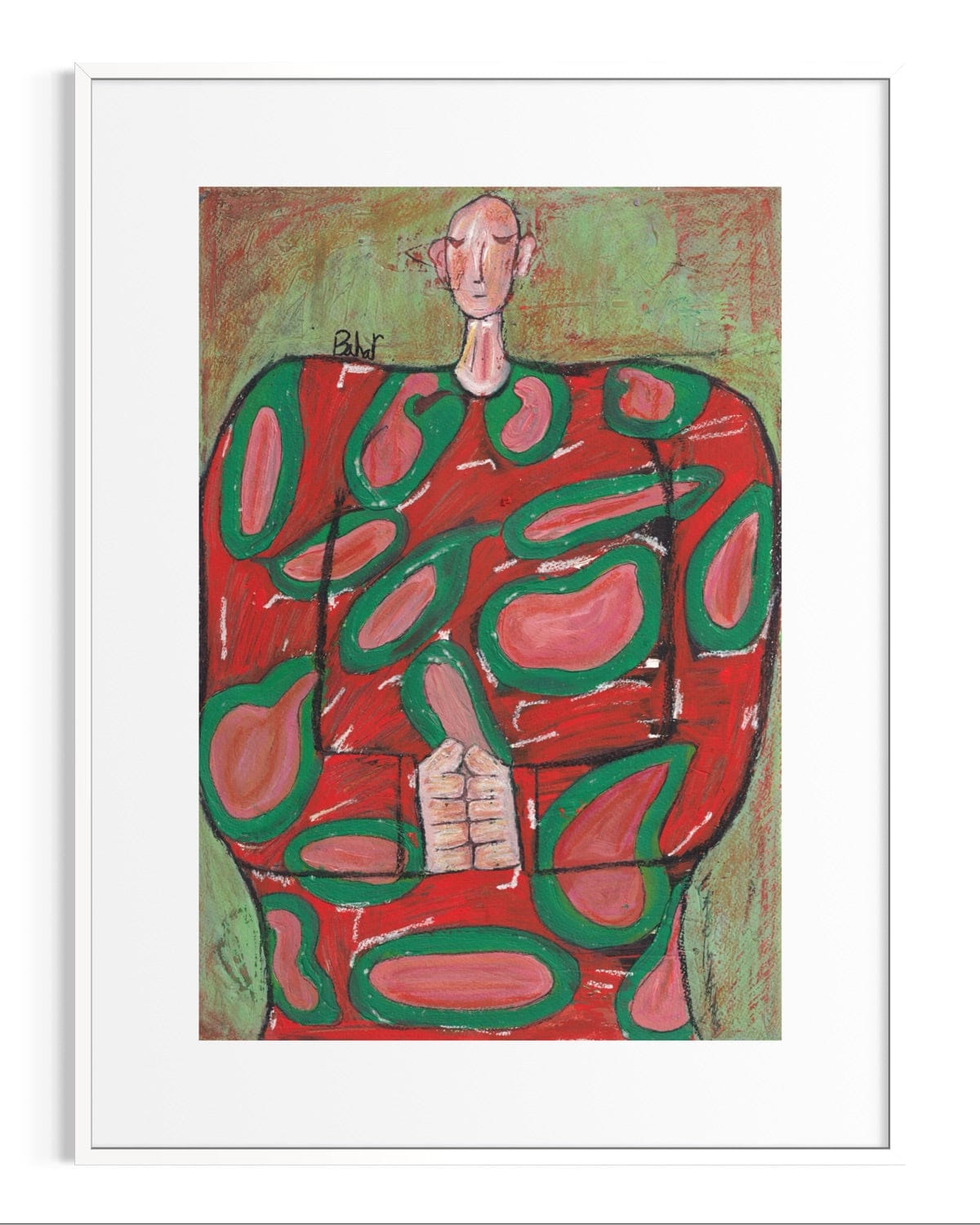 Abstract artwork with a figure in red and green patterns on a white background