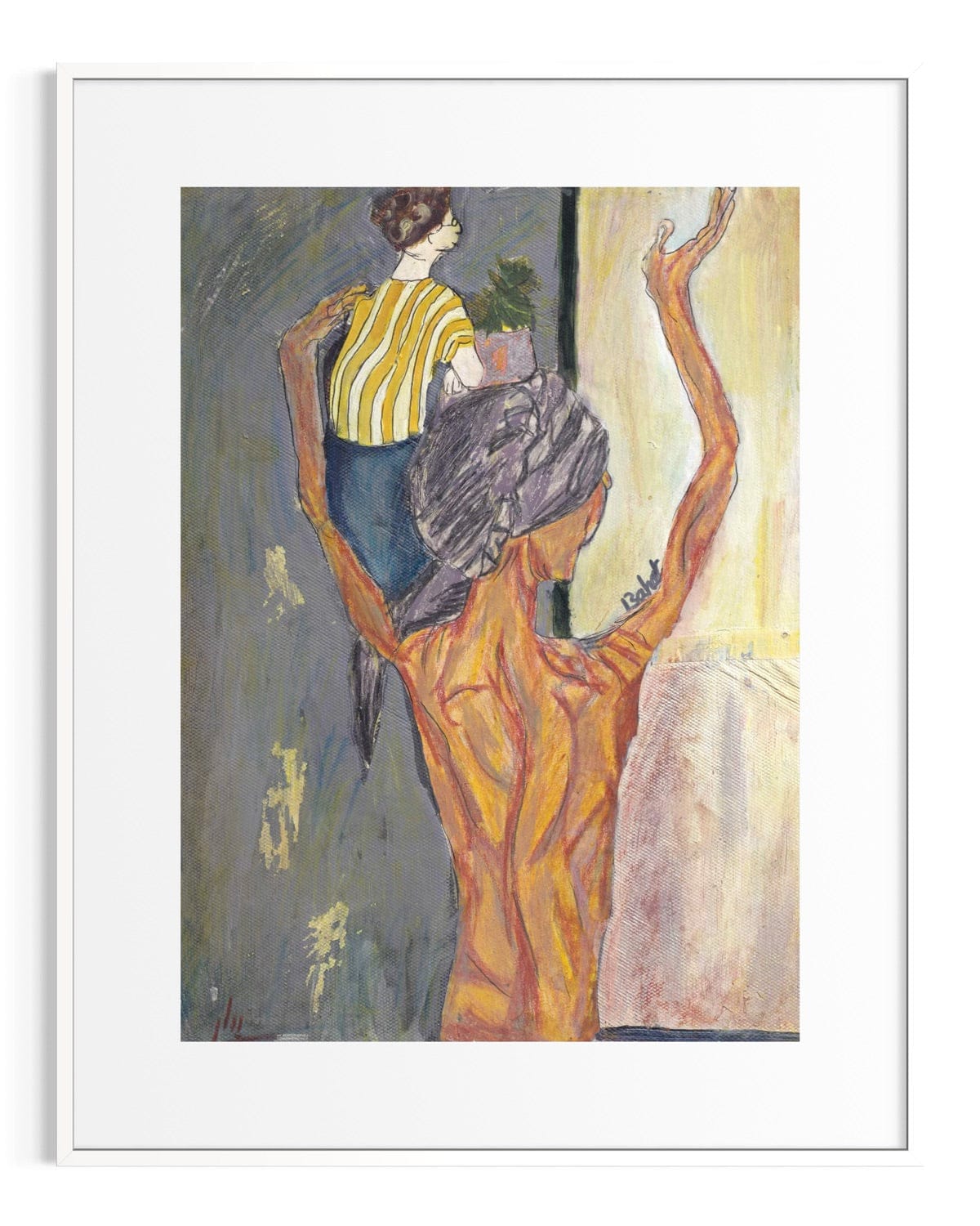 Artistic depiction of a woman with a child on her back, standing next to a statue.