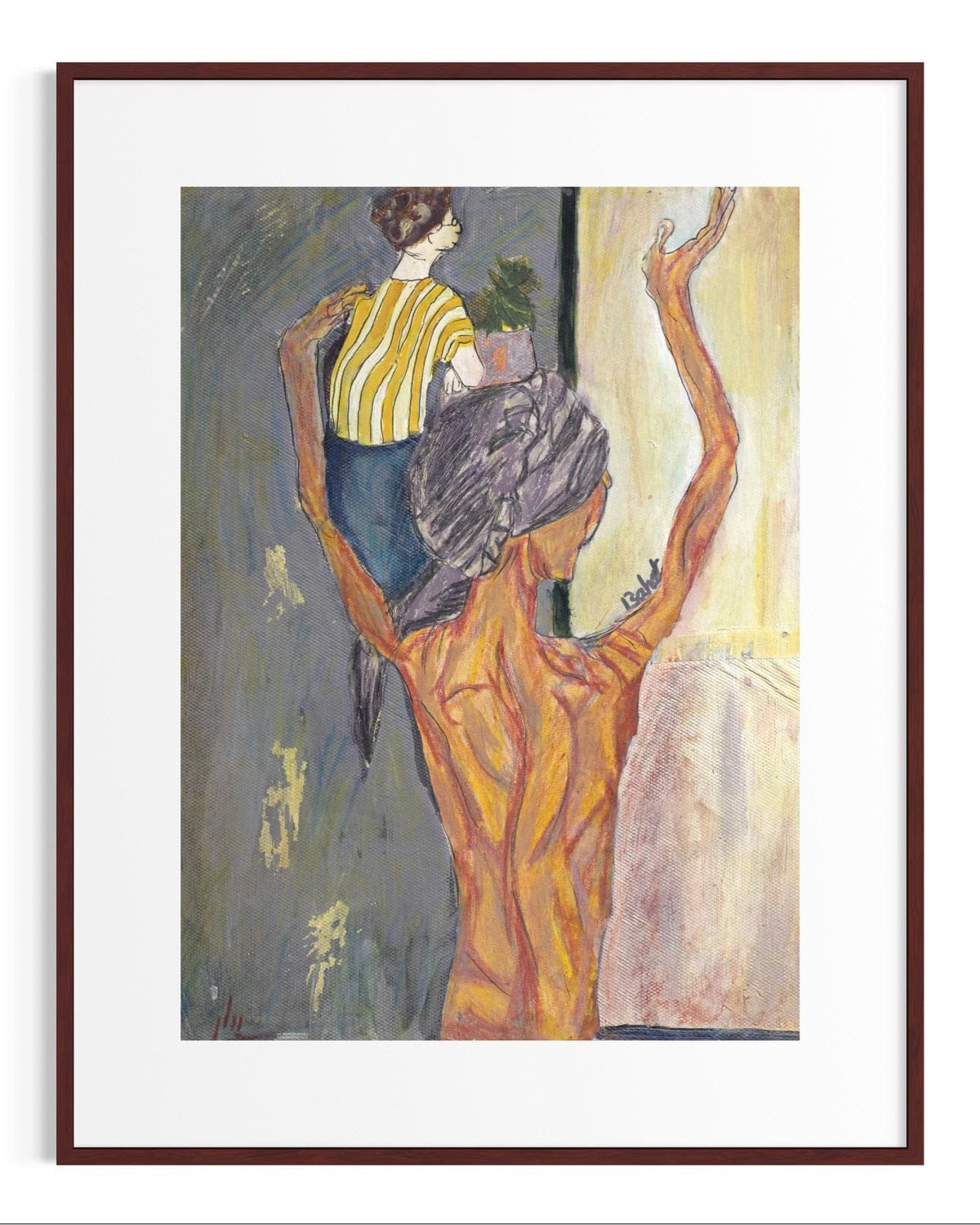 Framed artwork of a woman with a child on her shoulders, set against a neutral background.