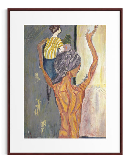 Framed artwork of a woman with a child on her shoulders, set against a neutral background.