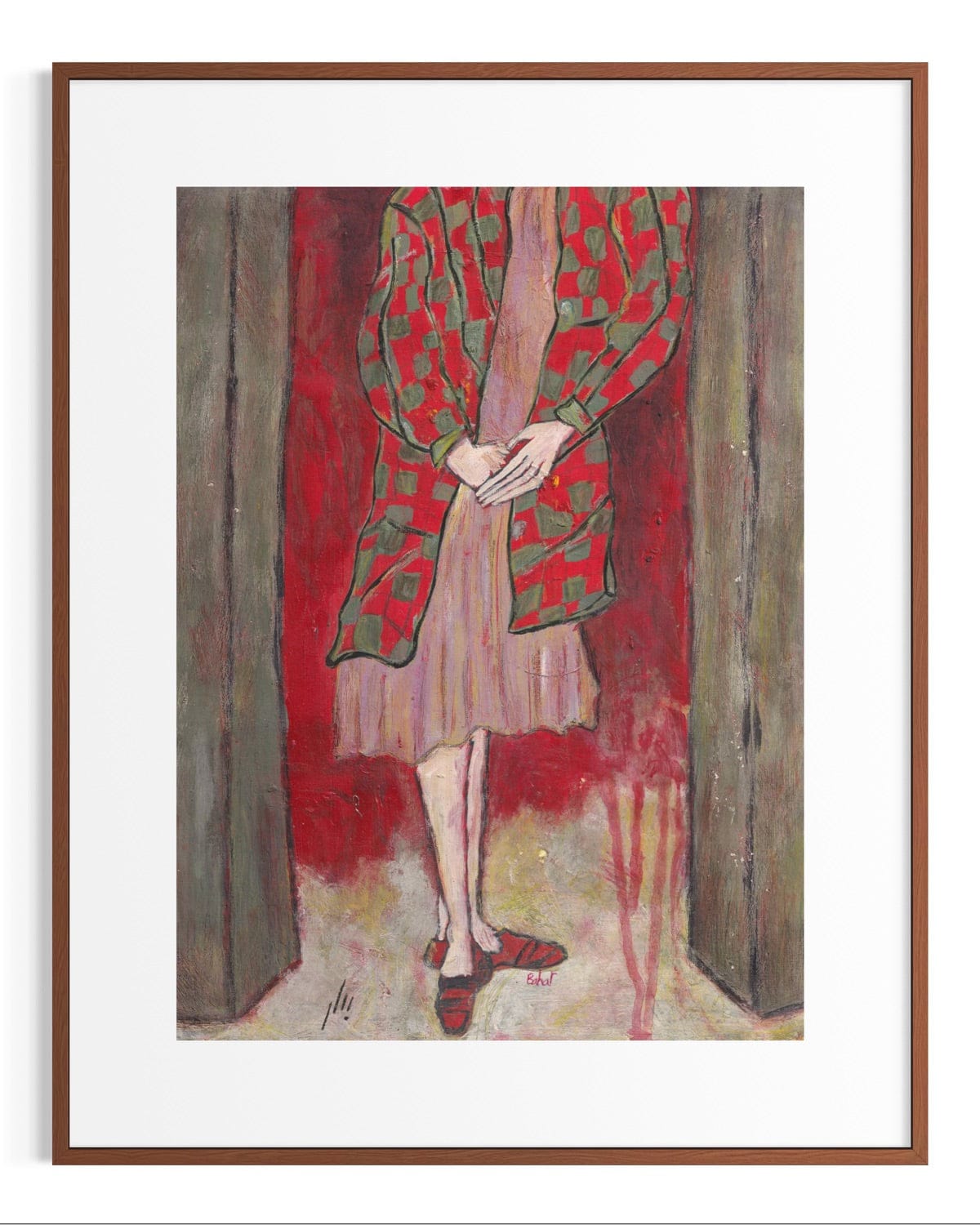 Artistic depiction of a person wearing a red and green patterned coat against a red background.