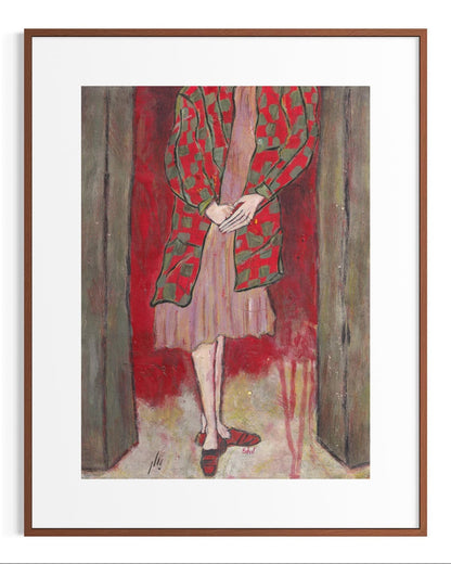 Artistic depiction of a person wearing a red and green patterned coat against a red background.