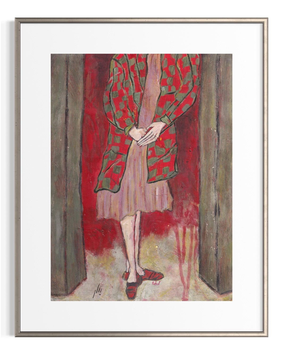 Framed artwork of a person wearing a red and green patterned coat against a red background.