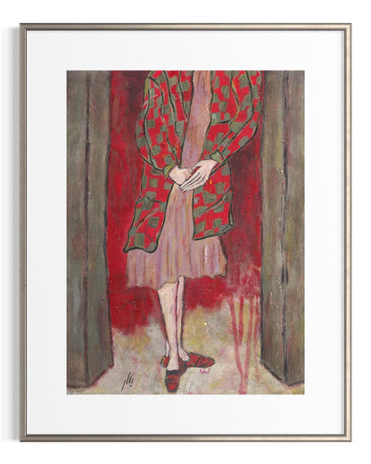 Framed artwork of a person wearing a red and green patterned coat against a red background.