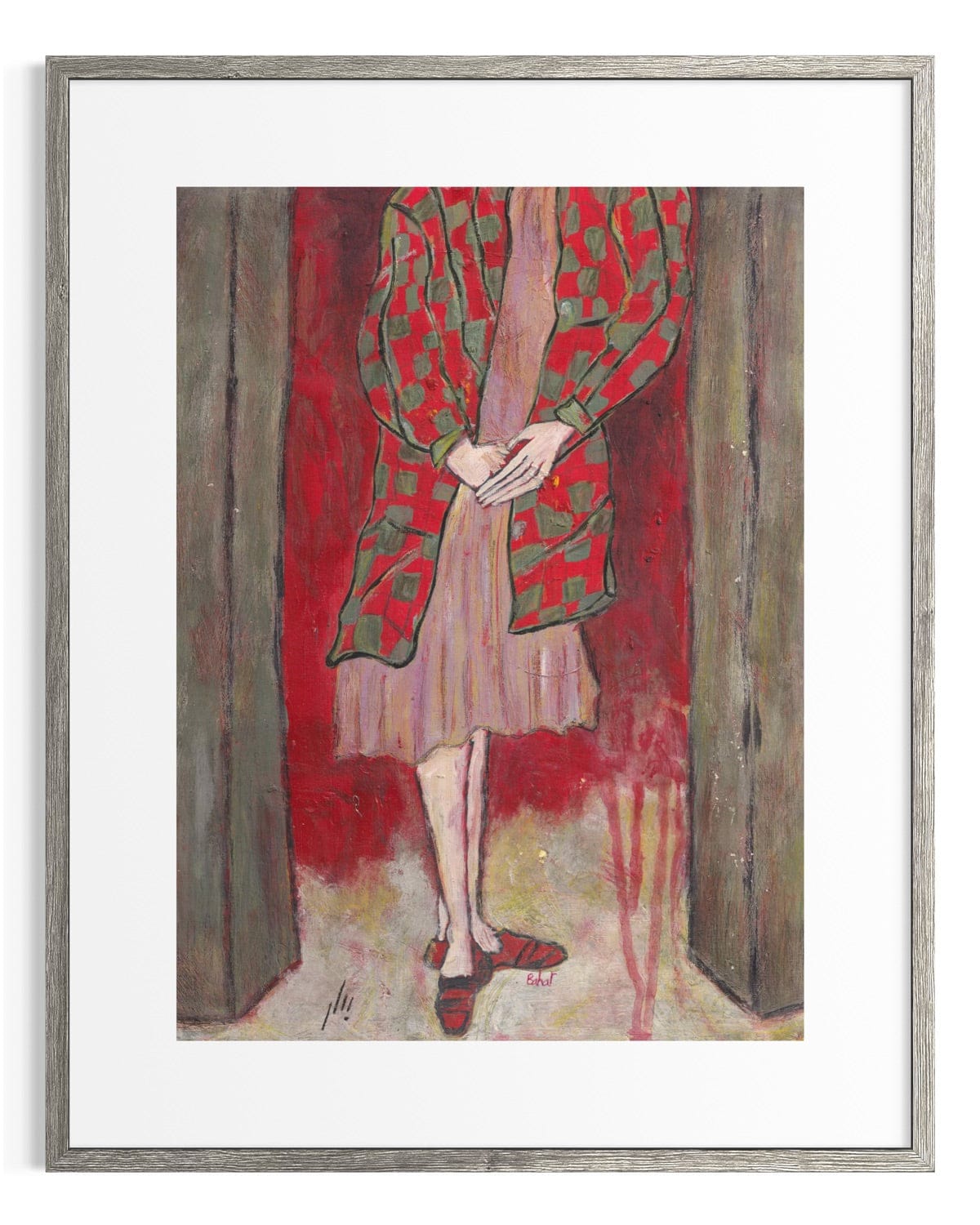 Framed artwork of a person wearing a red and green patterned coat against a red background.