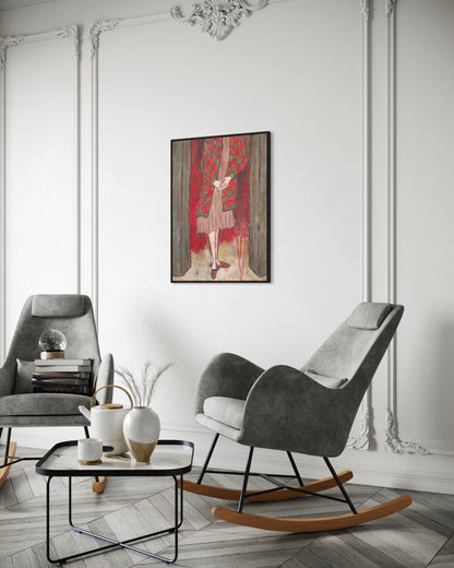 Living room with gray armchair, rocking chair, and decorative painting on the wall.