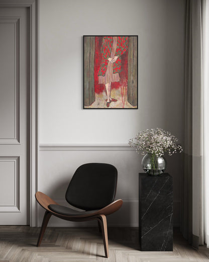 Modern interior with a black chair, side table, and abstract painting on a gray wall.