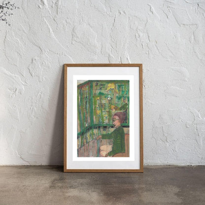 Surreal mixed media portrait in shades of green and blue, blending emotional depth and contemporary design