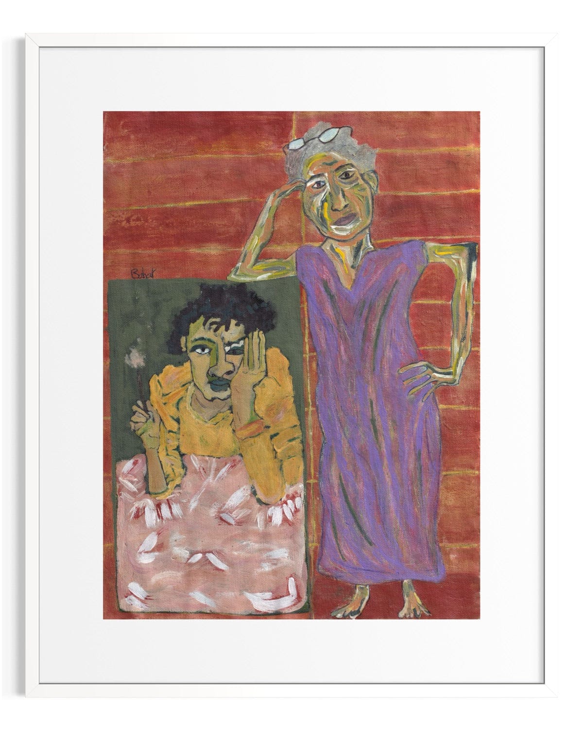 Artistic depiction of two figures in a stylized manner with a red background.