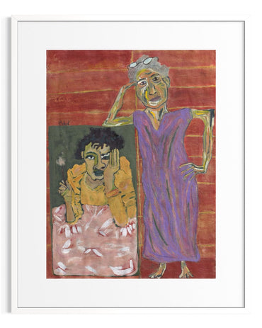 Artistic depiction of two figures in a stylized manner with a red background.