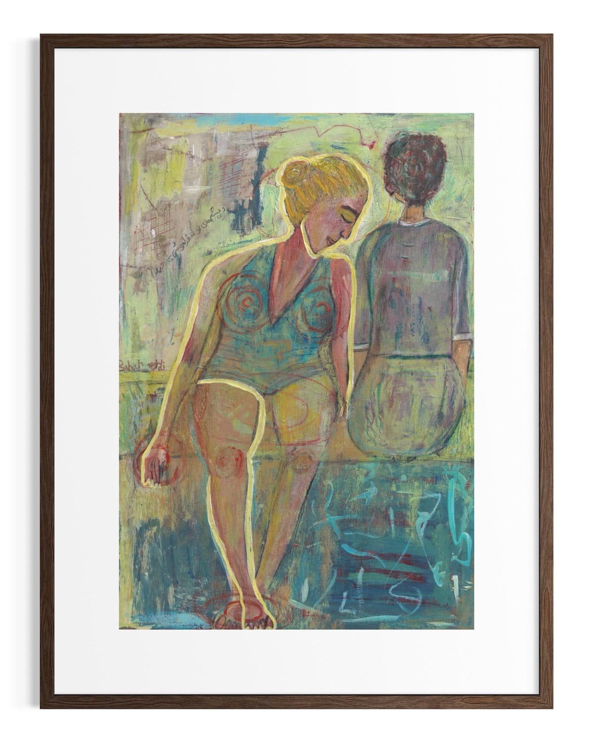 Framed abstract artwork of two figures on a white background