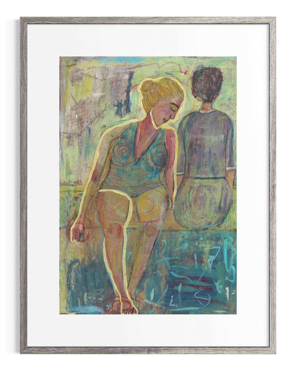 Framed artwork of two abstractly depicted figures on a colorful background